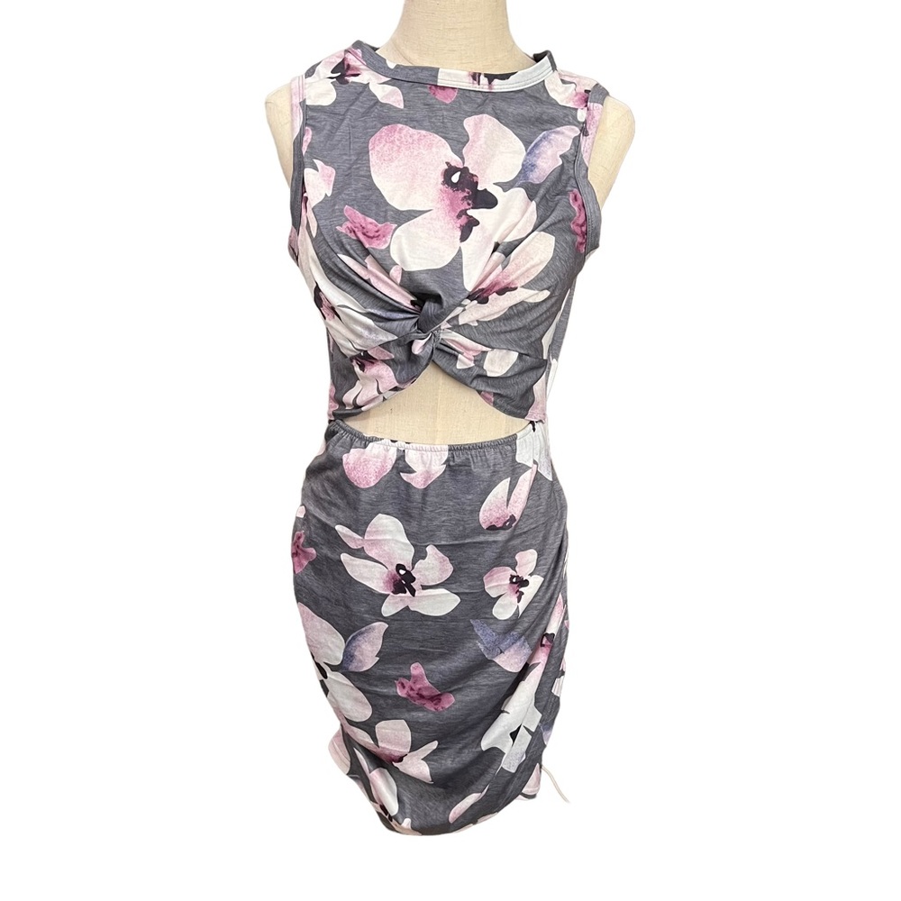 Grey & Purple Floral Sleeveless Cut Out Twist Knot Crop Wrap Dress Size Medium